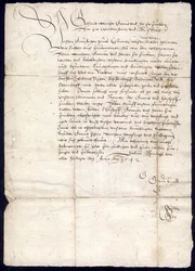 1542年10月30日、ゴットフリートヴェルナーフォンツィマー伯爵から、オーバーンドルフ市の市長、市議会、教区長、シュルトハイセン、ヴァルトメッシンゲン、ベッフェンドルフ、ボッチンゲン、アルトベルンドルフの村の裁判官と教区に宛てた手紙。地区アーカイブ赤